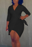 Black Casual Solid Bandage Patchwork Asymmetrical V Neck Irregular Dress Dresses