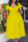 Yellow Fashion Celebrities Solid Patchwork V Neck A Line Dresses