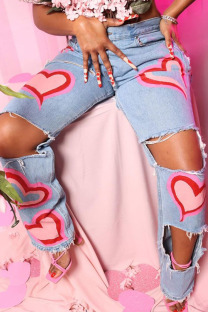 Pink Fashion Casual Print Ripped Mid Waist Denim Jeans