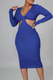 Colorful Blue Sexy Solid Hollowed Out Patchwork V Neck Pencil Skirt Dresses