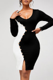Black And White Sexy Solid Split Joint Buttons Asymmetrical Contrast U Neck One Step Skirt Dresses