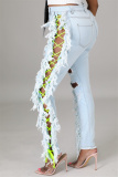 Light Color Fashion Casual Solid Ripped Embroidered Hollowed Out High Waist Jeans