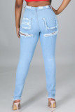 Dark Blue Fashion Street Solid Ripped Denim Jeans