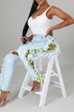 Light Color Fashion Casual Solid Ripped Embroidered Hollowed Out High Waist Jeans