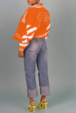 Tangerine Red Sportswear Print Patchwork Mandarin Collar Outerwear