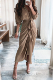 Khaki Fashion Casual Patchwork With Belt V Neck Long Sleeve Dresses