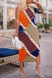 Multicolor Fashion Casual Print Basic Oblique Collar Long Sleeve Dresses