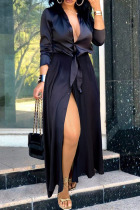 Black Fashion Street Solid Split Joint Turndown Collar A Line Dresses