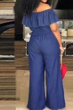 Dark Blue Casual Solid Flounce Off the Shoulder Straight Jumpsuits