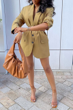 Khaki Casual Solid Patchwork Turndown Collar Outerwear without belt