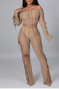 Khaki Sexy Solid Hollowed Out Patchwork Frenulum See-through Off the Shoulder Long Sleeve Two Pieces