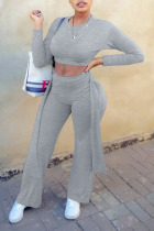Grey Casual Solid Bandage Split Joint O Neck Long Sleeve Two Pieces
