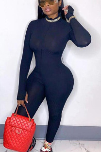 Black Sexy Solid Patchwork Zipper Collar Skinny Jumpsuits