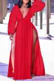 Red Casual Solid Split Joint High Opening V Neck Straight Plus Size Dresses