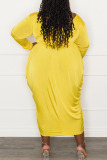 Yellow Sexy Solid Patchwork Fold Asymmetrical V Neck Plus Size Dresses