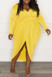 Yellow Sexy Solid Patchwork Fold Asymmetrical V Neck Plus Size Dresses