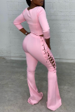 Pink Sexy Solid Hollowed Out Square Collar Long Sleeve Two Pieces