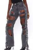 Black Gray Fashion Casual Solid Tassel Ripped High Waist Regular Jeans