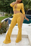 Yellow Sexy Solid Hollowed Out Square Collar Long Sleeve Two Pieces