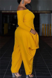 Yellow Casual Solid Split Joint Zipper Off the Shoulder Plus Size Jumpsuits
