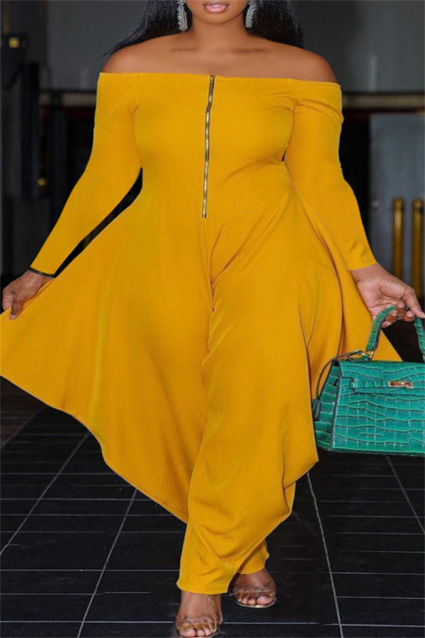 Yellow Casual Solid Split Joint Zipper Off the Shoulder Plus Size Jumpsuits