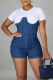 The cowboy blue Casual Solid Patchwork O Neck Straight Rompers