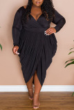 Black Sexy Solid Patchwork Fold Asymmetrical V Neck Plus Size Dresses
