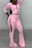 Pink Sexy Solid Hollowed Out Square Collar Long Sleeve Two Pieces