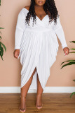 White Sexy Solid Patchwork Fold Asymmetrical V Neck Plus Size Dresses