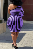 Purple Casual Striped Patchwork One Shoulder Pencil Skirt Plus Size Dresses