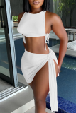 White Sexy Solid Split Joint O Neck Sleeveless Two Pieces