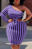 Purple Casual Striped Patchwork One Shoulder Pencil Skirt Plus Size Dresses