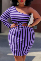 Purple Casual Striped Split Joint One Shoulder Pencil Skirt Plus Size Dresses