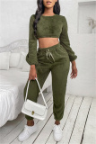 Army Green Fashion Casual Solid Basic O Neck Long Sleeve Two Pieces