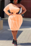 Black Casual Striped Patchwork One Shoulder Pencil Skirt Plus Size Dresses