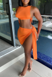 Orange Sexy Solid Split Joint O Neck Sleeveless Two Pieces
