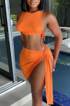 Orange Sexy Solid Split Joint O Neck Sleeveless Two Pieces