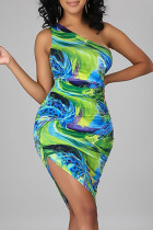 Green Fashion Sexy Print Asymmetrical One Shoulder Sleeveless Dress