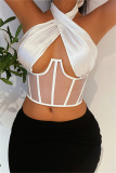 White Fashion Sexy Patchwork Bandage Backless Halter Tops