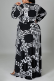 Black Sexy Print Split Joint V Neck Pencil Skirt Plus Size Dresses