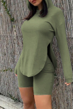 Green Fashion Casual Solid Slit Hooded Collar Long Sleeve Two Pieces