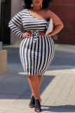 Black Casual Striped Patchwork One Shoulder Pencil Skirt Plus Size Dresses