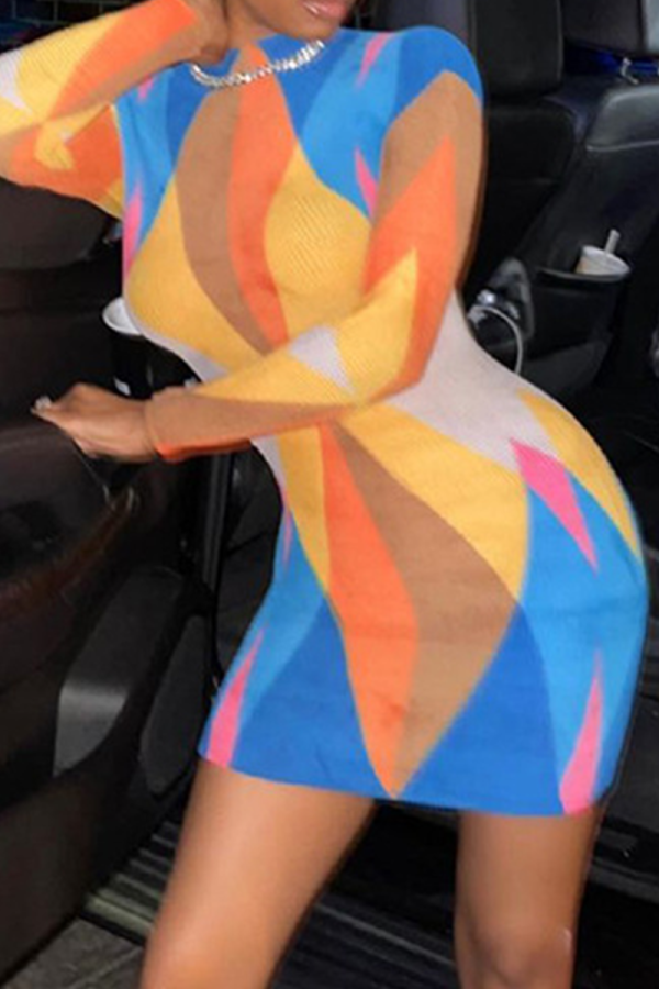 Orange Sexy Print Split Joint O Neck Pencil Skirt Dresses