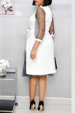 White Fashion Street Polka Dot Patchwork V Neck A Line Dresses