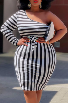 Black Casual Striped Split Joint One Shoulder Pencil Skirt Plus Size Dresses