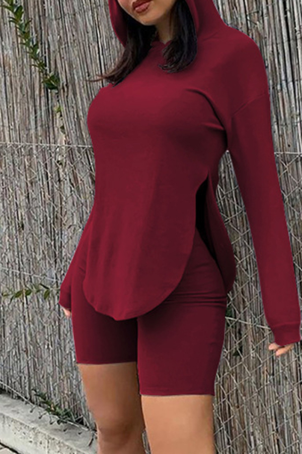 Burgundy Fashion Casual Solid Slit Hooded Collar Long Sleeve Two Pieces