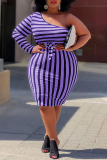 Tangerine Red Casual Striped Patchwork One Shoulder Pencil Skirt Plus Size Dresses