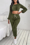 Army Green Fashion Casual Solid Basic O Neck Long Sleeve Two Pieces