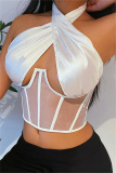 White Fashion Sexy Patchwork Bandage Backless Halter Tops