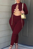 Burgundy Sexy Solid Hollowed Out Patchwork Frenulum O Neck Skinny Jumpsuits